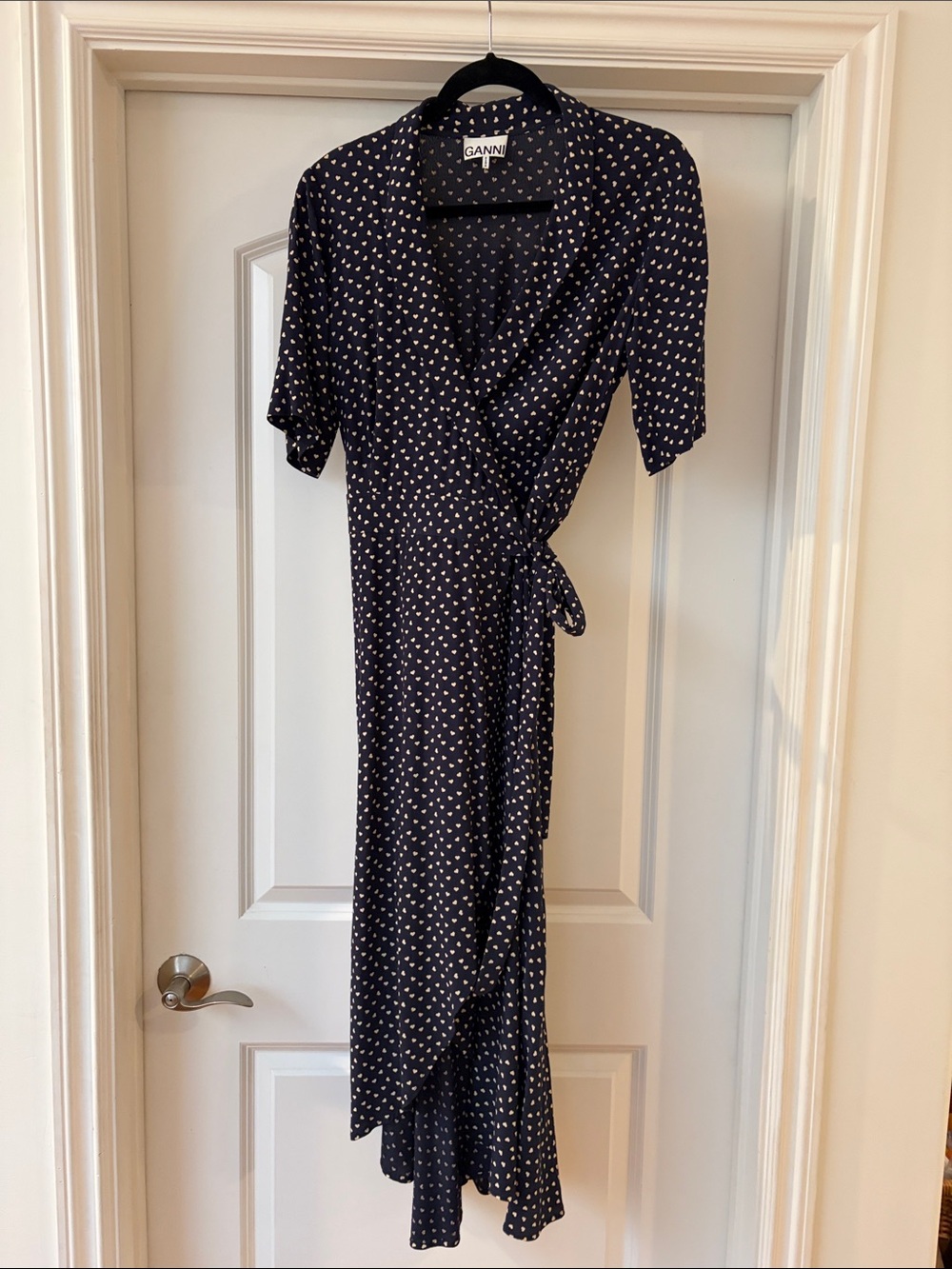 Ganni Navy Wrap Midi Dress with White heart Print 38